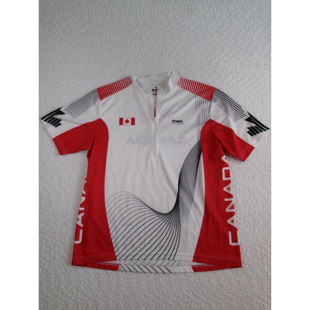 Running room Canada mens running shirt white and red size med 1/4 zip running